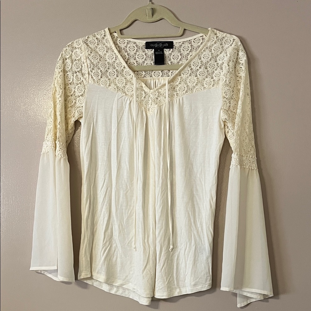AUGUST SILK. S. Semi sheer bell sleeve top. Crochet style details. NWOT. Beige.